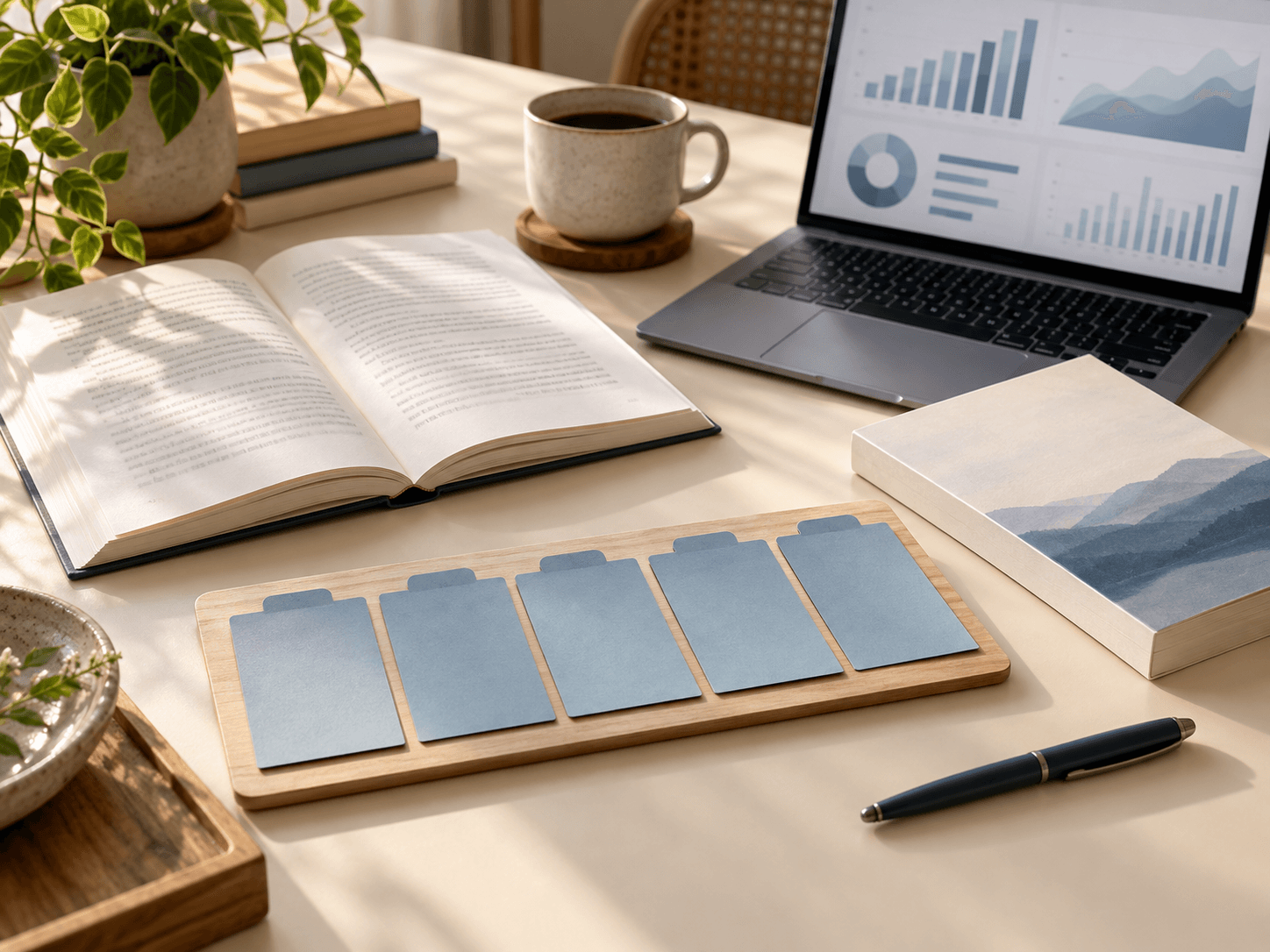A five-stage book marketing plan arranged beside a manuscript and campaign analytics