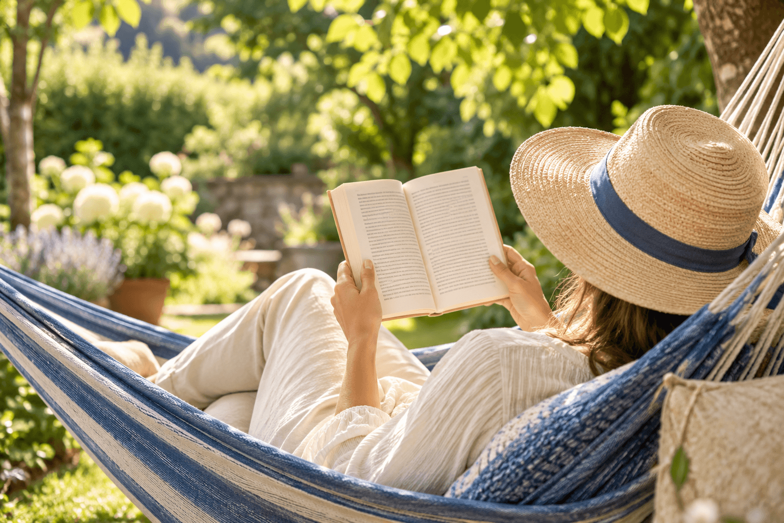 A reader enjoying a book in a garden hammock